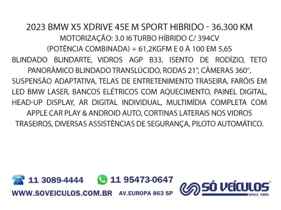 BMW-X5-3.0 I6 TURBO HÍBRIDO XDRIVE45E M SPORT AUTOMÁTICO BMW-X5-2023