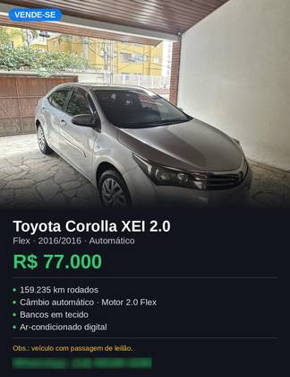 TOYOTA COROLLA 2.0 XEI 16V FLEX 4P AUTOMÁTICO