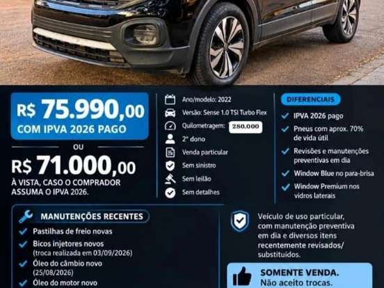 VOLKSWAGEN-T-CROSS-1.0 200 TSI TOTAL FLEX SENSE AUTOMÁTICO VOLKSWAGEN-T-CROSS-2022